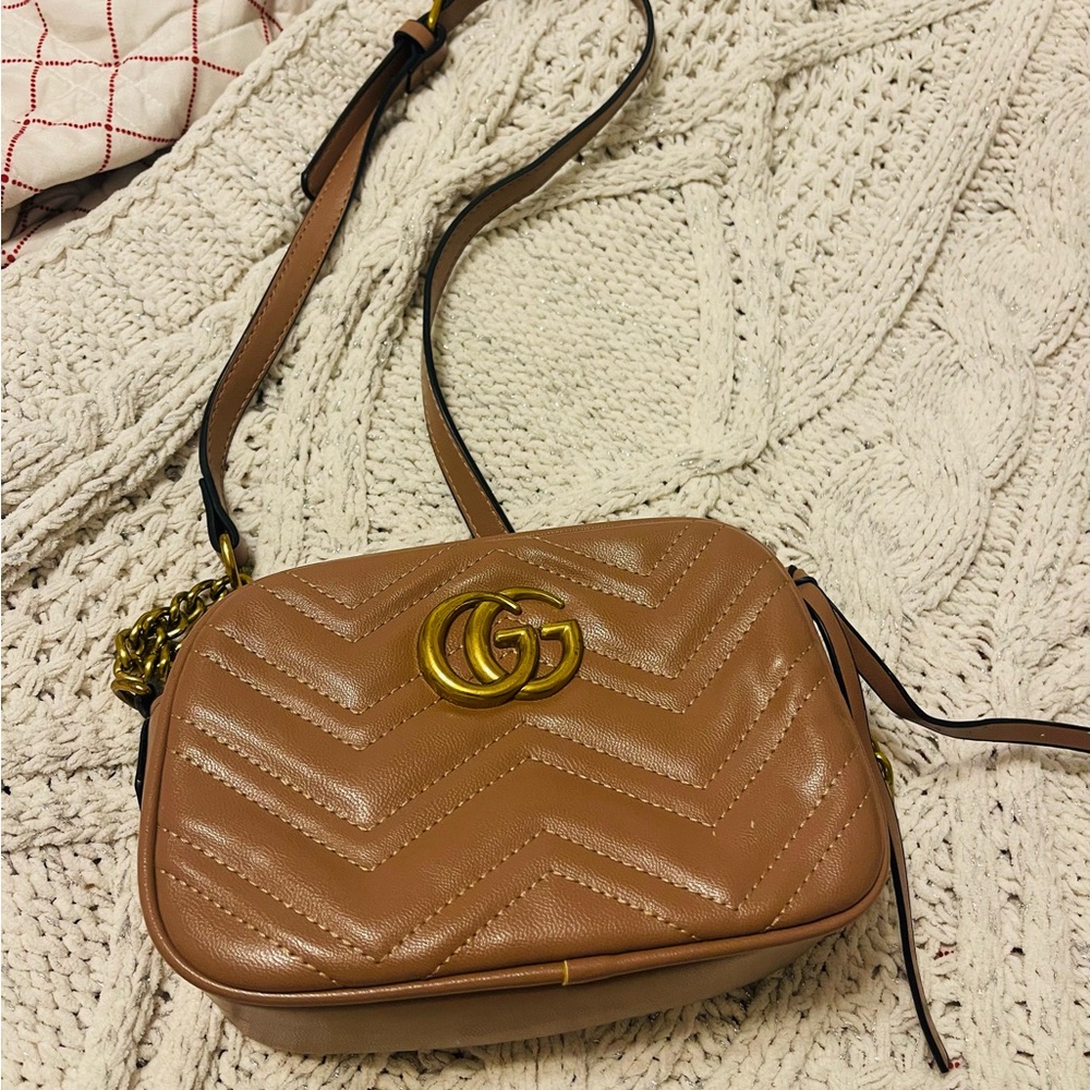 AVAILABLE Gucci Brown Leather Crossbody Bag with Gold Accent